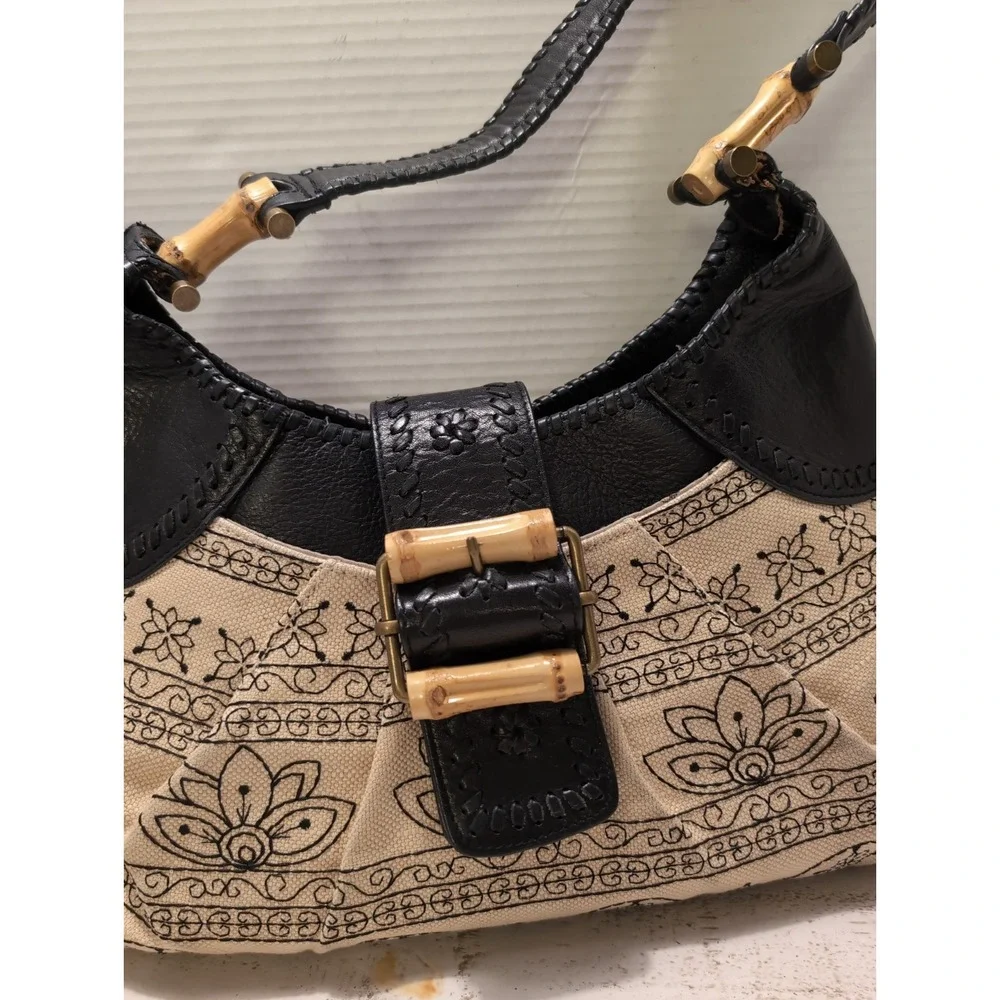Kate Landry Beige & Black Embroidered Hobo Bag with Bamboo Accents
